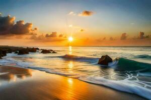 le Soleil ensembles plus de le océan et vagues sur une plage. généré par ai photo