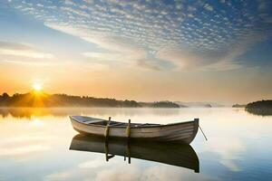 une bateau est assis sur le l'eau à le coucher du soleil. généré par ai photo