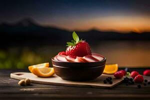 le fruit bol est sur une en bois table avec une bol de fruit et une bol de l'eau. généré par ai photo