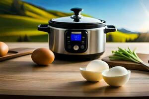 un électrique pression cuisinier avec des œufs et une bol de des œufs. généré par ai photo