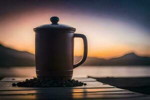 café pot sur une en bois table avec une le coucher du soleil dans le Contexte. généré par ai photo