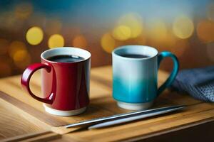 deux café tasses sur une en bois table avec une couteau et fourchette. généré par ai photo