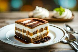 une pièce de dessert sur une plaque. généré par ai photo