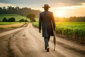 une homme dans une costume des promenades vers le bas une saleté route. généré par ai photo