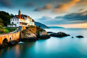 une maison sur le côte à le coucher du soleil. généré par ai photo