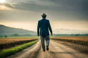 une homme dans une costume et chapeau en marchant vers le bas une saleté route. généré par ai photo