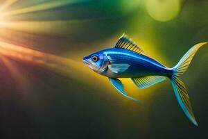 une bleu poisson avec Jaune palmes et une brillant lumière. généré par ai photo