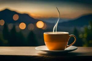 une tasse de café sur une en bois table dans le montagnes. généré par ai photo