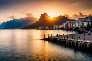 le Soleil ensembles plus de une ville et le océan. généré par ai photo