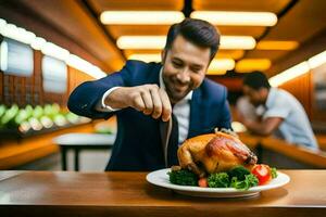 une homme dans une costume est en mangeant une poulet sur une plaque. généré par ai photo