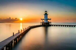 une phare des stands sur une jetée à le coucher du soleil. généré par ai photo