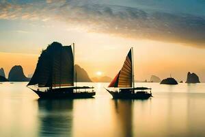 deux bateaux sont voile dans le océan à le coucher du soleil. généré par ai photo