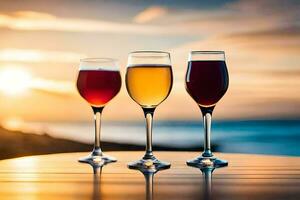 Trois des lunettes de du vin sur une table avec le Soleil réglage derrière eux. généré par ai photo