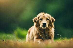 une d'or retriever séance dans le herbe. généré par ai photo