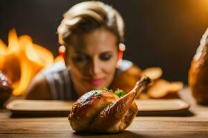 une femme est à la recherche à une rôti poulet sur une tableau. généré par ai photo