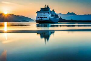 une croisière navire dans le océan à le coucher du soleil. généré par ai photo