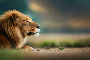 une Lion est séance sur le sol dans le milieu de une champ. généré par ai photo