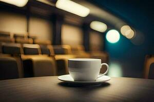 café tasse sur une table dans une foncé chambre. généré par ai photo