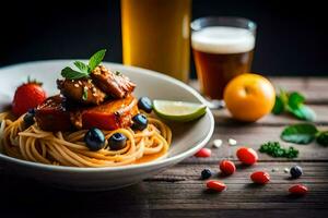 une assiette de spaghetti avec Viande, des légumes et fruit. généré par ai photo