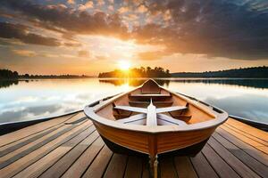 une bateau est assis sur une Dock à le coucher du soleil. généré par ai photo