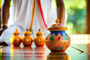 une la personne dans une blanc peignoir est en portant une pot. généré par ai photo