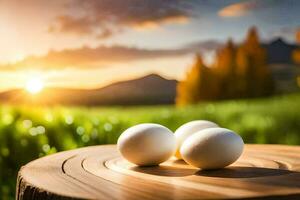 Trois des œufs sur une en bois table dans de face de une le coucher du soleil. généré par ai photo