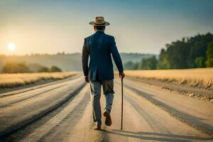 une homme dans une costume et chapeau en marchant vers le bas une saleté route. généré par ai photo