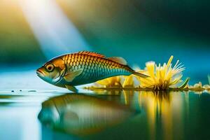 poisson dans le l'eau avec Jaune fleurs. généré par ai photo