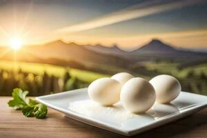 des œufs sur une assiette dans le montagnes. généré par ai photo