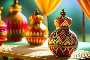 coloré des vases sur une table avec rideaux. généré par ai photo