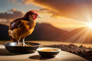 une poulet est permanent sur une assiette avec une bol de nourriture et une bol de l'eau. généré par ai photo