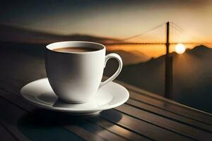 une tasse de café sur une table avec une vue de le d'or porte pont. généré par ai photo