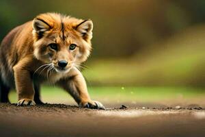 une Jeune Lion en marchant sur le sol. généré par ai photo