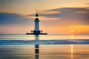 une phare des stands dans le océan à le coucher du soleil. généré par ai photo