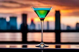 une cocktail dans de face de une ville ligne d'horizon. généré par ai photo