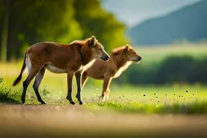 deux cerf sont en marchant le long de une route dans le campagne. généré par ai photo