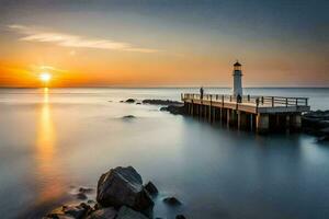 photo fond d'écran le ciel, ciel, des nuages, lever du soleil, le mer, phare, le mer,. généré par ai