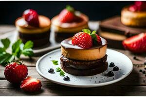 Trois petit Gâteaux avec Chocolat et des fraises sur une plaque. généré par ai photo