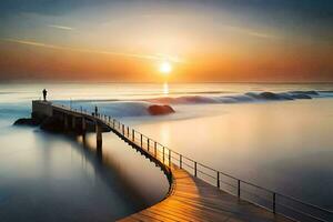 une jetée à le coucher du soleil avec vagues s'écraser dans il. généré par ai photo