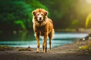 une Lion permanent sur le côté de une rivière. généré par ai photo