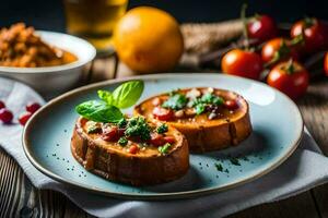 deux tranches de pain avec tomate sauce et herbes sur une plaque. généré par ai photo