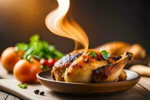 une poulet est sur une assiette avec une flamme. généré par ai photo