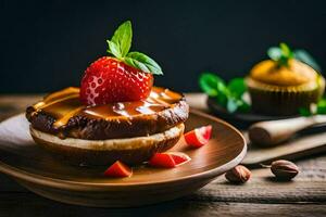 une dessert avec des fraises et caramel sur une en bois tableau. généré par ai photo