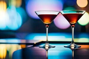 deux martinis sur une table avec coloré lumières. généré par ai photo