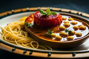 une assiette avec spaghetti et tomate sauce. généré par ai photo