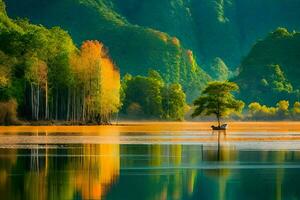 une seul arbre dans le milieu de une lac. généré par ai photo