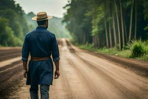 une homme dans une chapeau et bleu manteau en marchant vers le bas une saleté route. généré par ai photo