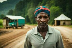 une homme dans une turban des stands sur une saleté route. généré par ai photo