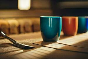 coloré tasses asseoir sur une table avec une couteau et fourchette. généré par ai photo