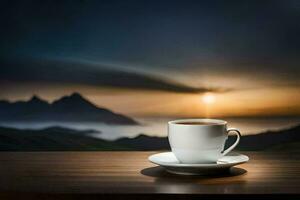 une tasse de café sur une table dans de face de une magnifique le coucher du soleil. généré par ai photo